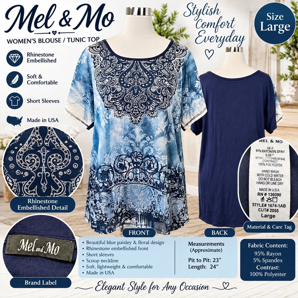 Mel & Mo Womens Blue Paisley Rhinestone Tunic Top Blouse Large 1674-1AB
